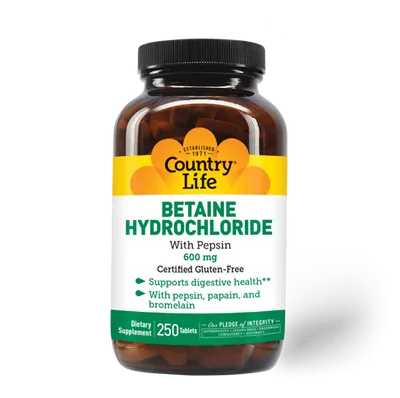 Betaine Hydrochloride with Pepsin, 600 mg, 250 Tablets - Country Life