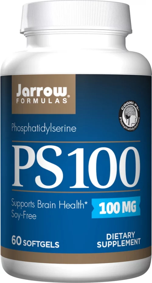 Bottle of PS100, Phosphatidylserine -100 mg, 60 gels - Jarrow Formulas on a white background.