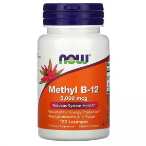 Methyl B12 5000mcg (Methylcobalamin Plus Folate) 120 Lozenges - Now Foods