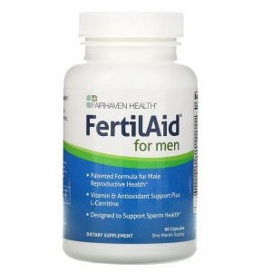 Bottle of FertilAid for Men, 90 Capsules by Fairhaven Health on a white background.