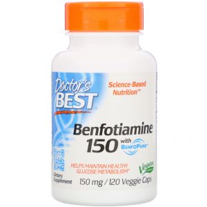 Bottle of Benfotiamine with BenfoPure 150mg, 120 Capsules - Doctor's Best on a white background.