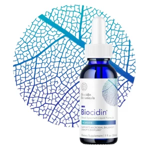 Bottle of Biocidin Liquid – 1oz (30ml) – Biocidin Botanicals on a blue designed background.