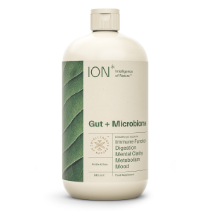 Bottle of ION* Gut + Microbiome on a white background.