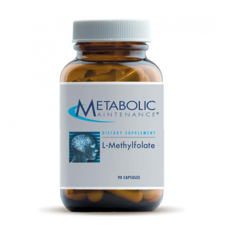Bottle of 5-MTHF L Methylfolate 10mg, 90 Capsules from Metabolic Maintenance on a white background.