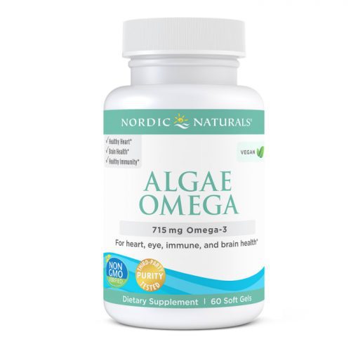 Bottle of Algae Omega (Vegan) 60 Soft Gels - Nordic Naturals on a white background.