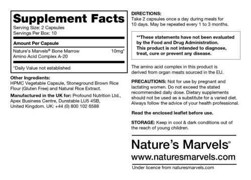 Side View of Bone Marrow Amino Acid Complex 200mg (20 capsules) - Nature's Marvels.