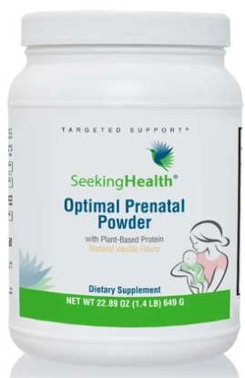 White tub of Optimal Prenatal Powder - Vanilla - Seeking Health on a white background.
