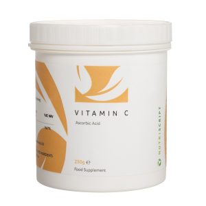 White tub of Vitamin C (Quali-C Ascorbic Acid) 250g - Nutriscript on a white background.