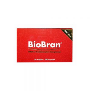 Bright red box of Biobran MGN-3 250mg x 50 tabs on a white background.