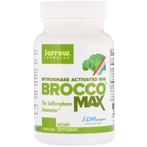 White bottle with green text of BroccoMax, 120 Capsules - Jarrow Formulas on a white background.