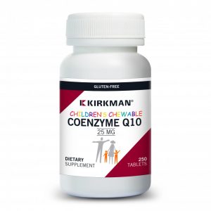 Bottle of Children's Coenzyme Q10 25 mg, 250 Chewable Tablets - Kirkman Labs on a white background.