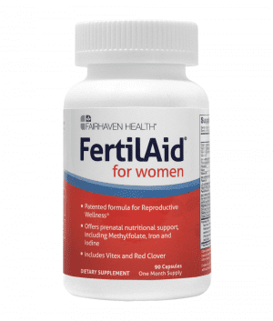 Bottle of FertilAid for Women, 90 Capsules by Fairhaven Health on a white background.