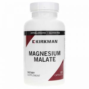 White bottle of Magnesium Malate 1000mg - Kirkman Laboratories on a white background.