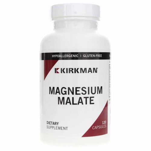 White bottle of Magnesium Malate 1000mg - Kirkman Laboratories on a white background.