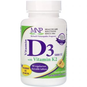 Vitamin D3 with Vitamin K2, Natural Apricot Flavour, 5000 IU, 90 Vegetarian Chewable Tablets - Michael's Naturopathic