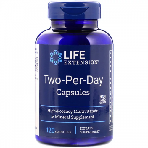 Blue bottle of Life Extension - Two-Per-Day, 120 Capsules on a white background.