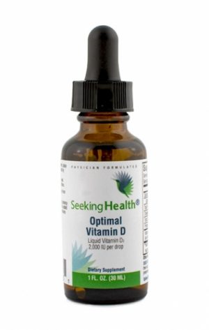 A dark bottle of Optimal Vitamin D Liquid - 2,000 IU per Drop - Seeking Health on a white background.