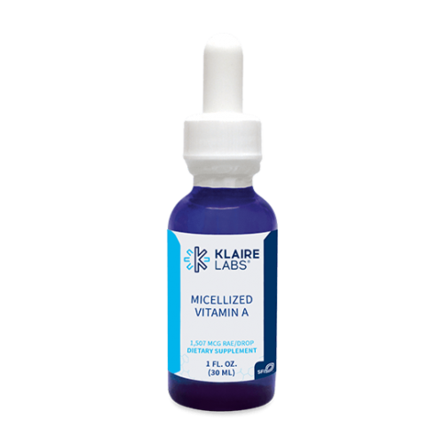 Blue bottle of Micellized Vitamin A 30ml - Klaire Labs on a white background.
