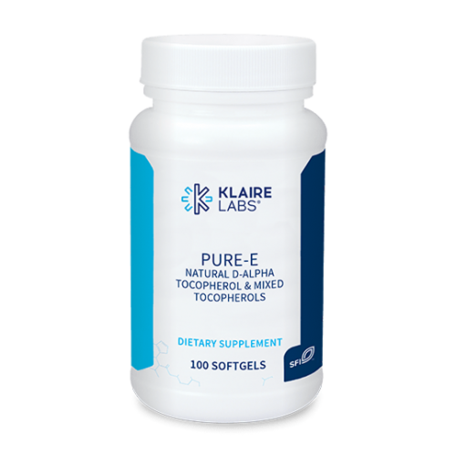 White bottle with blue text of Pure E, 100 Softgels - Klaire Labs on a white background.