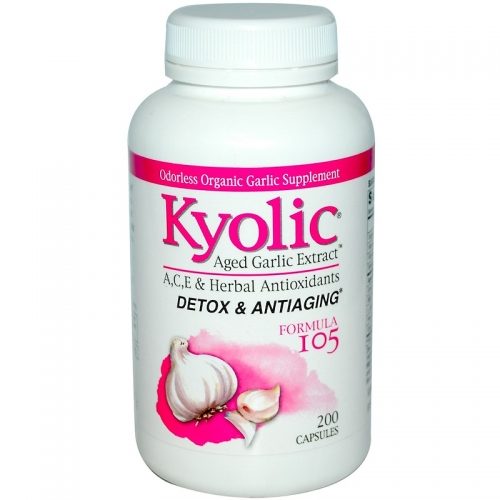 Kyolic, Aged Garlic Extract, Detox & Anti-Aging, Formula 105, 200 Capsules - Wakunaga