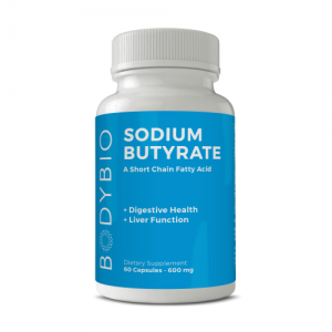 White bottle with blue label of Sodium Butyrate, 60 Capsules - BodyBio on a white background.