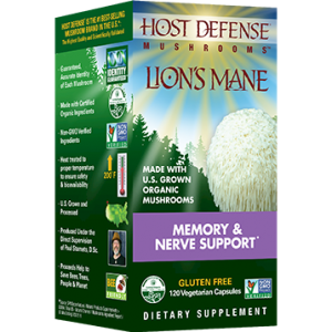 Side angle of box packaging of Lion's Mane Capsules 120 vegcaps by Host Defense on a white background.