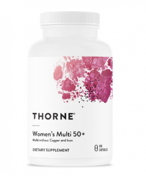 White bottle of Women's Multi 50+, 180 capsules - Thorne on a white background.