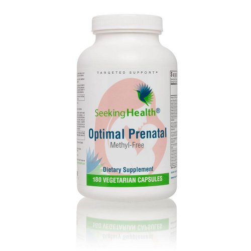 Bottle of Optimal Prenatal Methyl-Free - 180 Capsules - Seeking Health on a white background.