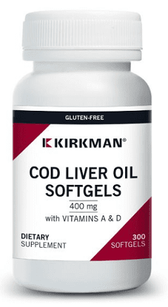 White bottle of Cod Liver Oil with Vitamins A & D - 300 Gel Capsules - Kirkman on a white background.