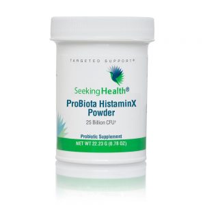 White tub of ProBiota HistaminX Powder 60serves- Seeking Health on a white background.