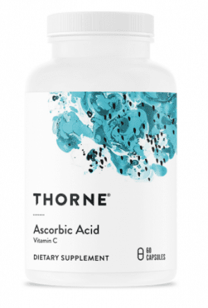 Tub of Ascorbic Acid 60 capsules - Thorne on a white background