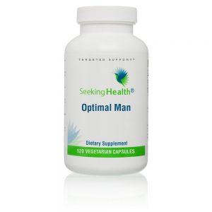 Bottle of Optimal Man, 120 Capsules - Seeking Health with some green on the label on a white background.