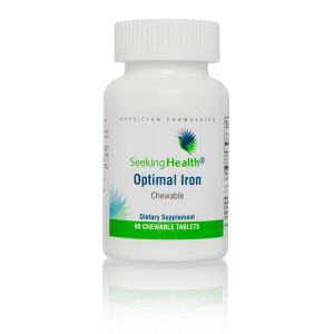 Bottle of Optimal Iron Chewable - 60 Tablets - Seeking Health on white background.