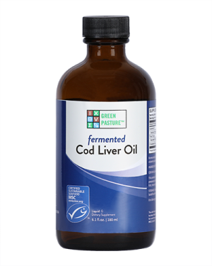Black bottle of Fermented Cod Liver Oil, 180 ml - Green Pasture on a white background.
