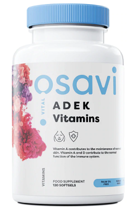 White bottle with blue cap of ADEK Vitamins (120 softgels) from Osavi on a white background.