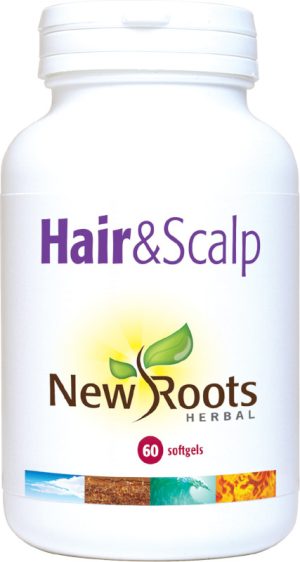 A white bottle of Hair and Scalp 60 softgels on a white background.