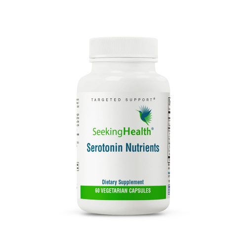 White bottle of Serotonin Nutrients - 60 Capsules - Seeking Health with some green on the label on a white background.