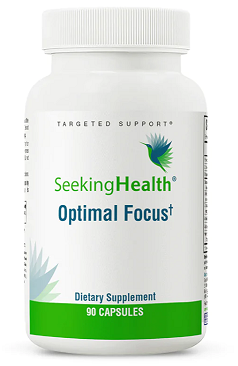 White bottle of Optimal Focus (90 Capsules) - Seeking Health with some green on the packaging on a white background.