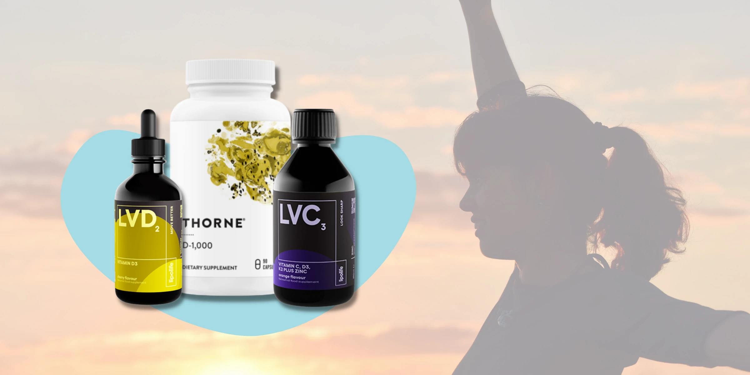 A person doing yoga in front of a colourful sunset sky with 3 Vitamin D products shown alongside them.